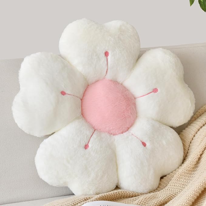 Flower Shaped Pillow, Cute Decorative Throw Pillow with Soft Artificial Rabbit Fur for Couch Bed Chair Floor, Flower Pillows Seating Cushions with Room Décor for Bedroom Living Room (19.6" White)
