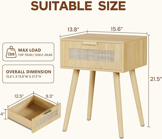 LAZZO Set of 2 Bedroom Nightstands Wooden Night Stands with Rattan Weaving Drawer Home Bedside End Table for Bedroom Storage - Image 3