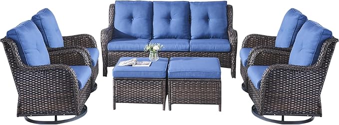 Rilyson Wicker Patio Furniture Set - 7 Piece Rattan Outdoor Sectional Conversation Sets with 4 Swivel Rocking Chairs,2 Ottomans and 1 Sofa for Porch Deck Garden(Brown/Blue)