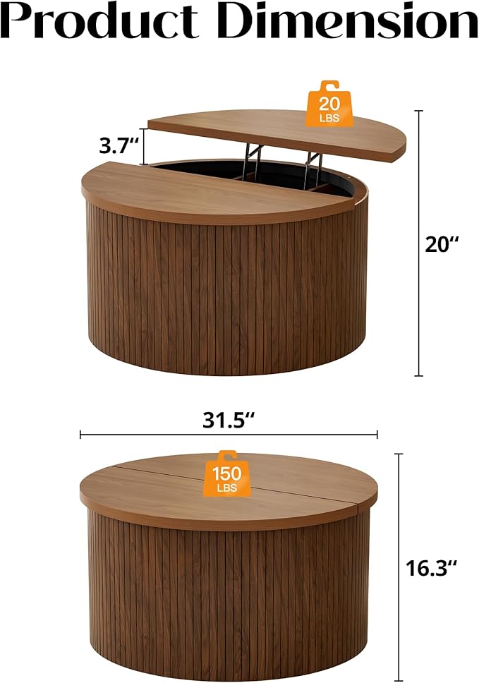 Fluted Round Lift Top Coffee Table with Storage, 31.5" Walnut Small Circle Wood Center Table for Living Room