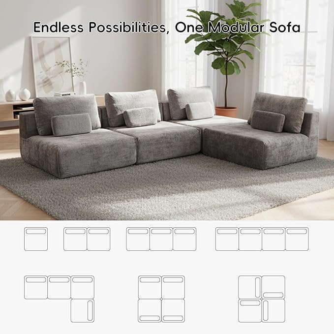 Modular Sectional Sofa, 3-Piece Grey Plush Velvet Couch Loveseat, No-Assembly Compressed Deep-Seat 3-Seat for Living Rooms Apartments Family Spaces