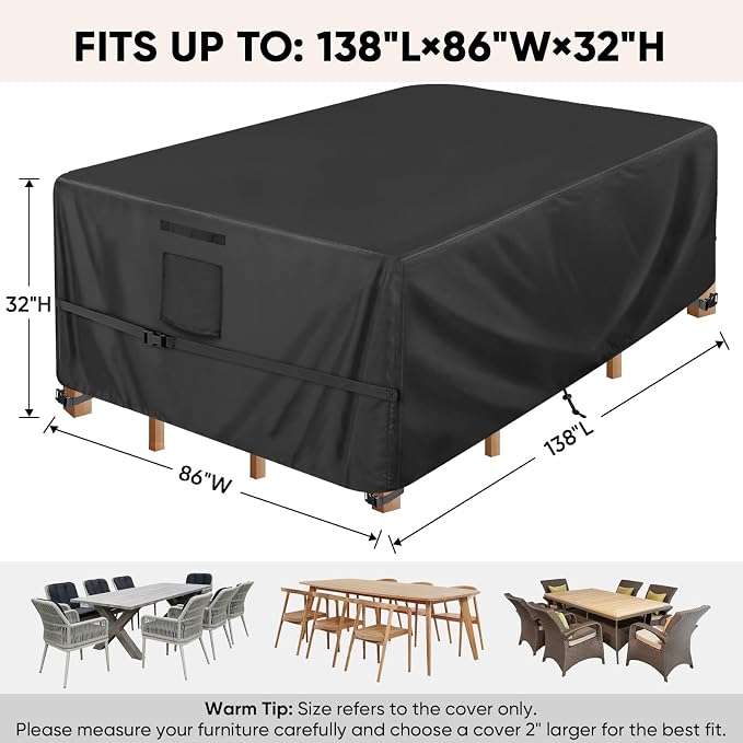 BALEINE Patio Furniture Covers, Outdoor Furniture Covers Waterproof, Heavy Duty Oxford Patio Table Cover for Outdoor Table, Chair, Sofa, Desk (Black, 138"L x 86"W x 32"H) - Image 2
