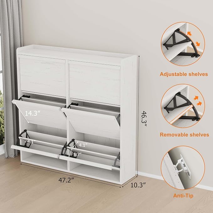 GarveeHome Shoe Cabinet with 6 Flip Drawers, Wooden Shoe Organizer Cabinet with Adjustable Shelf, Shoe Storage for Entryway, Hidden Shoe Cabinet for Hallway, Living Room, White - Image 2