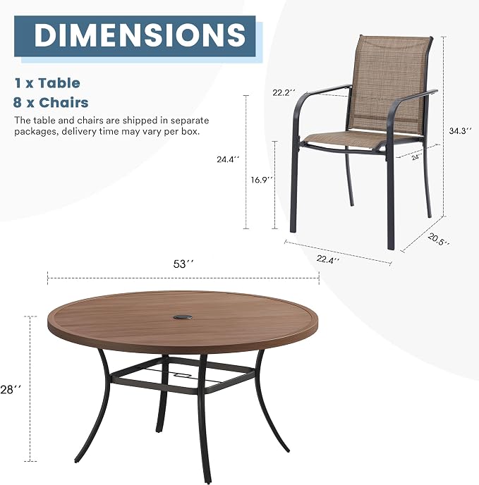 DIFY Outdoor Dining Set for 8, Patio Dining Furniture Set Includes 53" Walnut Round Table with Adjustable Umbrella Hole and 8 Brown Stackable Metal Chairs for Poolside, Garden, Backyard - Image 8