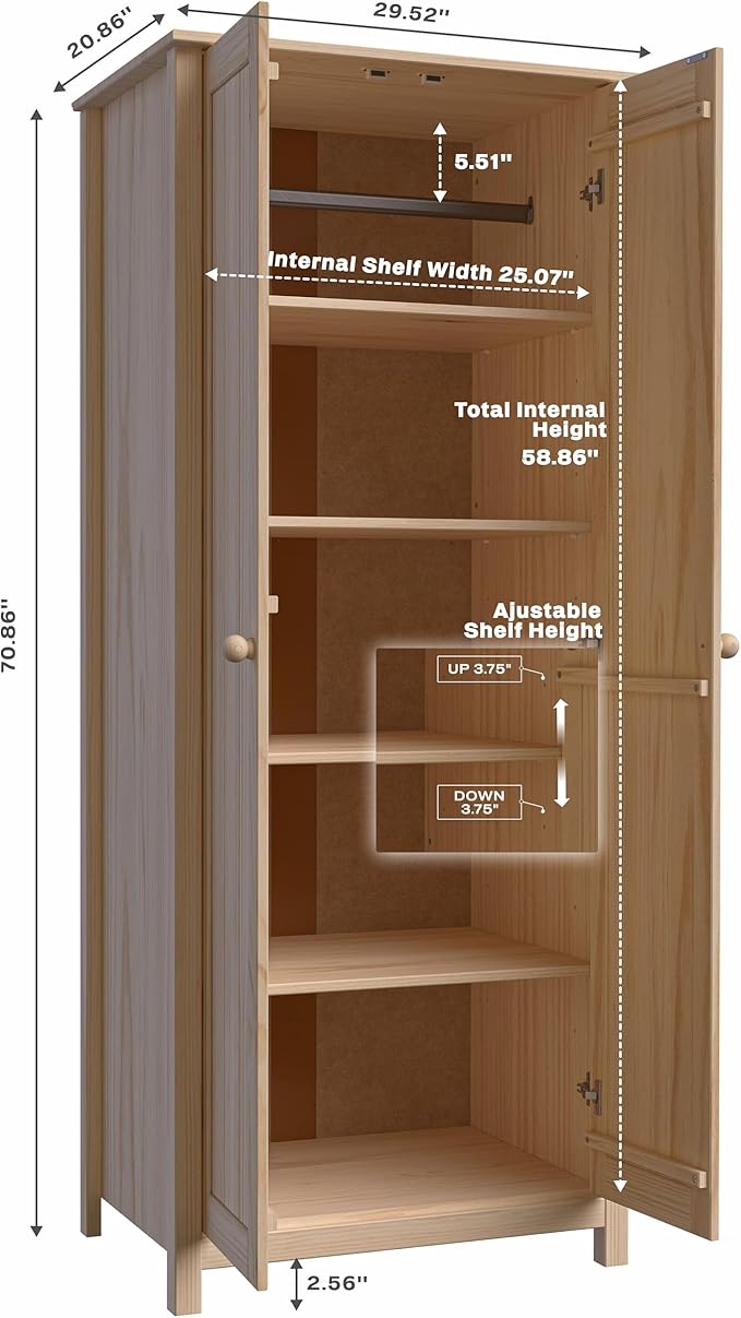 From the Tree Furniture Solid Wood Armoire – 2-Door Wardrobe Cabinet with Adjustable Shelves, Tall Bedroom Storage Closet, Unfinished