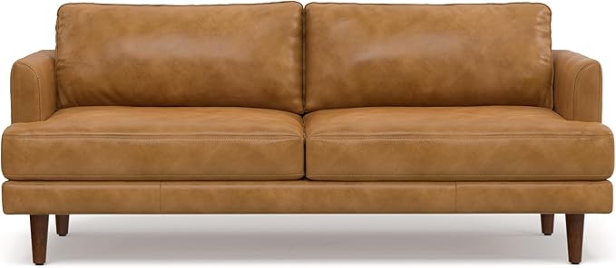 SIMPLIHOME Livingston Sofa - 76 inch Wide Top Grain Genuine Leather Sofa in Sienna, Mid-Century Modern Loveseat for Living Room with Removable Feather-Wrapped Cushions and Solid Wood Frame