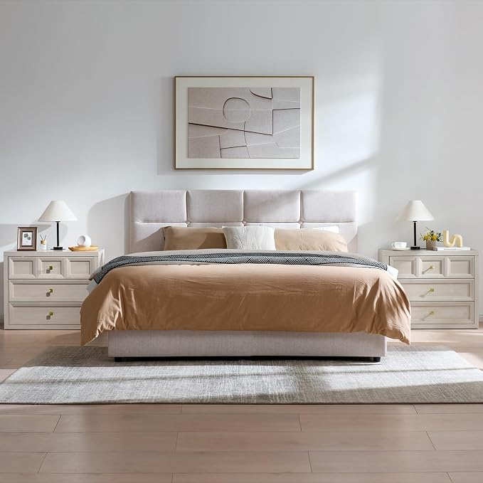 Nightstand Set of 2 W/Charging Station, 30.7" W King Size Bedside Table with 3 Drawers, Accent End Table W/Large Storage, Modern Wood Side Table for Bedroom,Office, Beige - Image 2