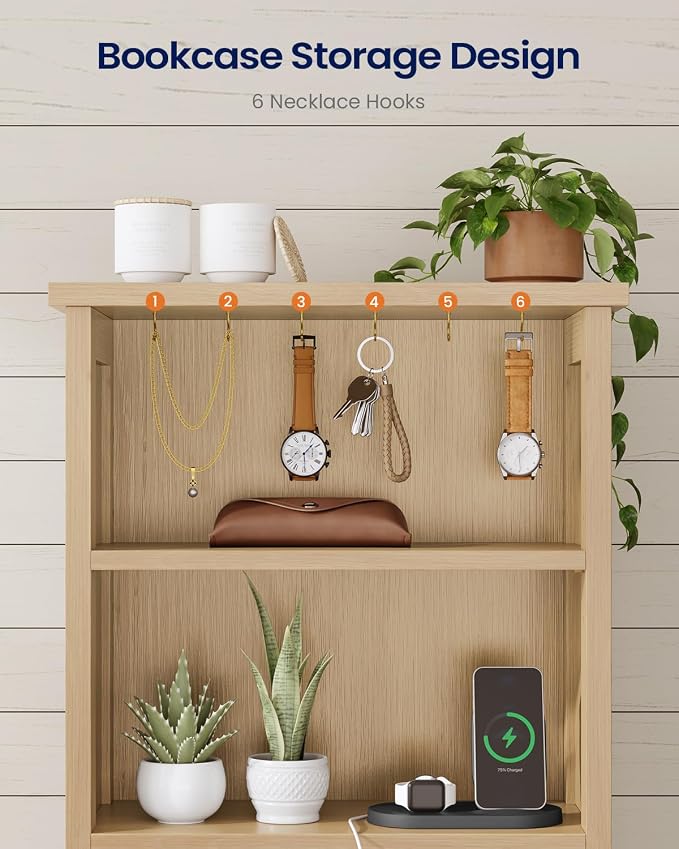 Farmhouse Tall Nightstand with Charging Station and 2 Drawers,Led Rattan Night Stand with Bookshelf,Bedside End Side Table with 6 Hooks and Storage Shelves for Bedroom,Wood - Image 4