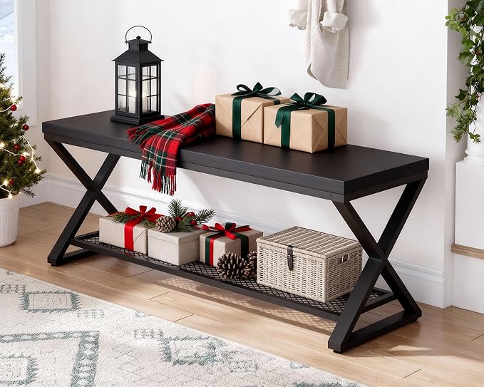 LVB Black Entryway Bench with Storage, Indoor Shoe Bench with Seating for Hallway, Accent Storage Bench for Living Room Bedroom, Simple Small Shoe Rack Benchs for Foyer Entrance, Black Oak, 39 inch by LVB