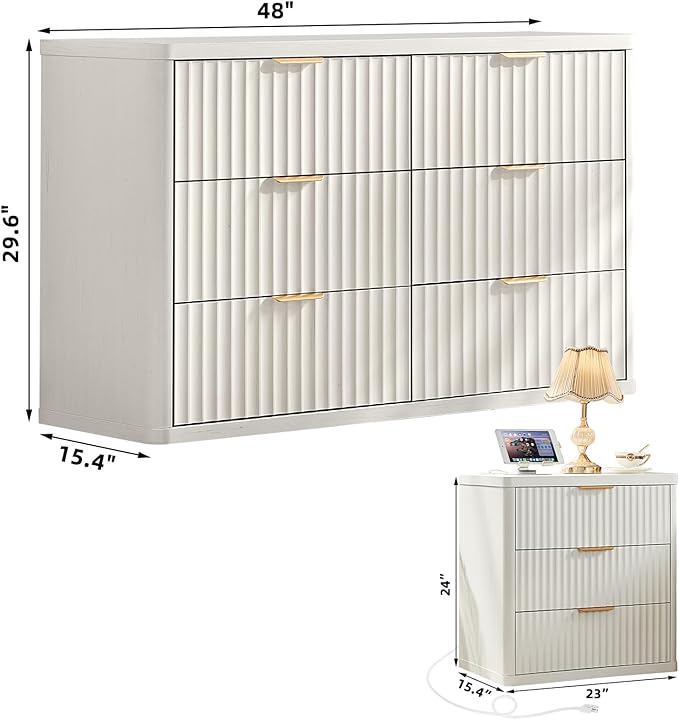 LEYAOYAO Fluted Dresser and Nightstand Sets, Wood 48" Wide Dresser & 23" Night Stand with Charging Station, 2 Piece Bedroom Furniture Set, Chest of Drawers for Bedroom, Home, Living Room,Antique White