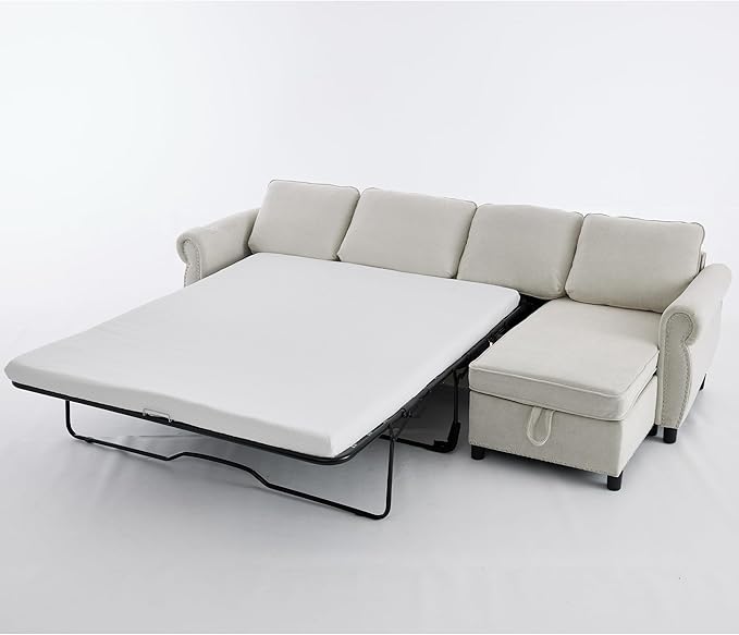 ERYE L-Shaped Reversible Sectional Sofa with Pull Out Queen Memory Mattress Sleeper Bed, 2-in-1 L-Shaped Corner Sectional Couches W/Wireless Charging, Storage Chaise Lounge
