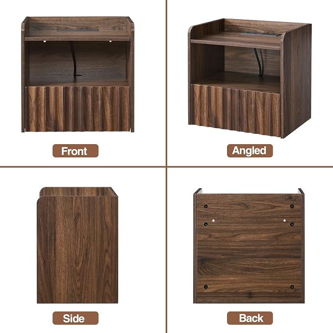 BuildHom Modern Fluted Floating Nightstand Wall Mounted - Bedside Table with Storage Drawer & Display Shelf, Minimalist Bedroom Furniture for Studio Apartments(Walnut) - Image 9