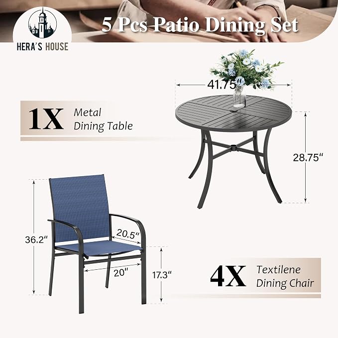 HERA'S HOUSE 5 Pieces Patio Table and Chairs Set, Outdoor Dining Furniture for 4, 42" Black Metal Round Dining Table with Umbrella Hole, 4 x Blue Textilene Chairs for Lawn Garden Backyard Deck - Image 6