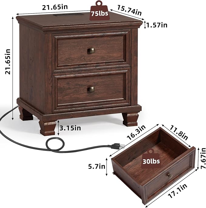 SAVOR LIFE Farmhouse Nightstand with Charging Station, Rustic Low Night Stand with 2 Drawers, Mid-Century Modern End Table with 4 Square Solid Wood Legs, Small Dresser for Bedroom, Home, Walnut - Image 2