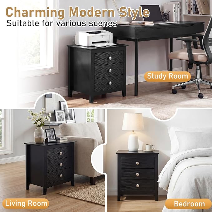 Giantex 3-Drawer Night Stand, 22’’ Compact Sofa End Couch Side Table w/Storage Drawers, Sturdy Legs, Modern Wood Nightstand Bedside Table for Bedroom College Dorm Small Spaces, Black - Image 6