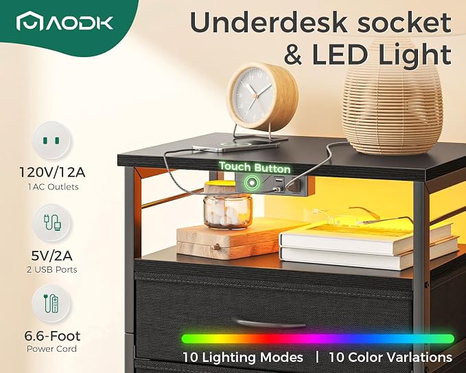 AODK Nightstand with Charging Station & LED Lights, 27.6" Tall Bedside Table with 4-Tier Storage, 2 Fabric Drawers & 2 Open Shelves, Space-Saving End Table for Bedroom, Black - Image 4