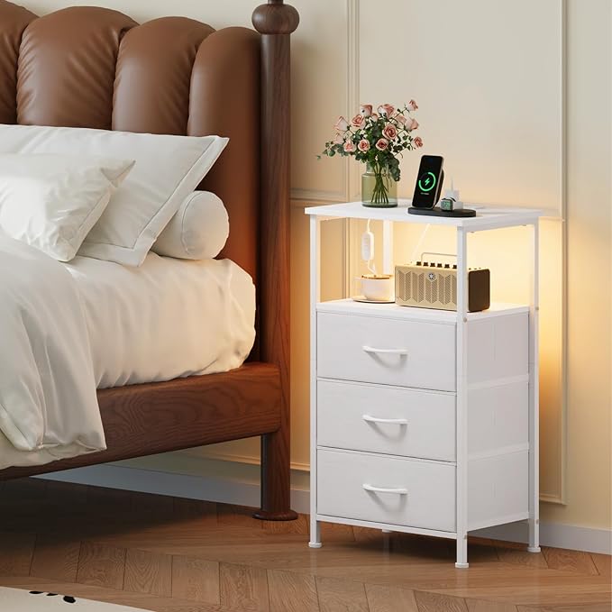Somdot Nightstands Set of 2,Bedside Tables with Charging Station and LED Lights,Night Stand with 3 Fabric Drawers, End Tables with Open Shelf for Small Spaces Bedroom Entryway Hallway, White Leather - Image 2