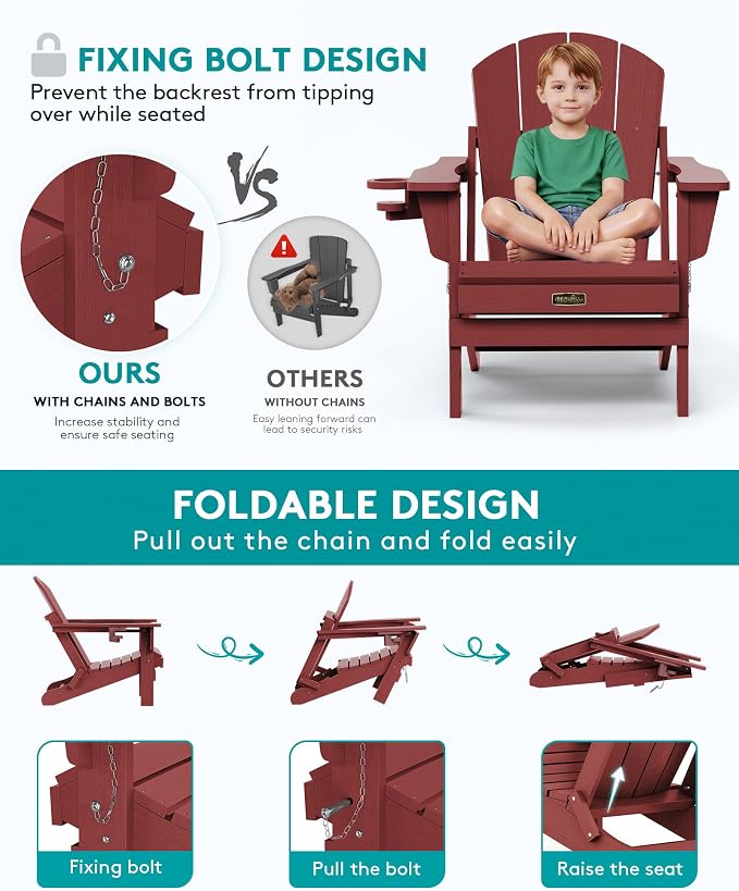 SERWALL Folding Adirondack Chair Set of 6 Weather Resistant Lawn Chairs with Cup Holder for Patio - Red - Image 4