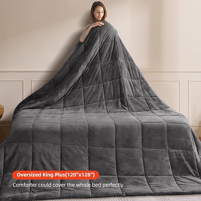 Oversized King Plus Comforter Duvet Insert 120"x128" - Plush Fluffy Heavy Winter Flannel, Extra Large Super King Size Breathable Microfiber with 8 Corner Tabs, All Seasons Warm Bedding (Grey)
