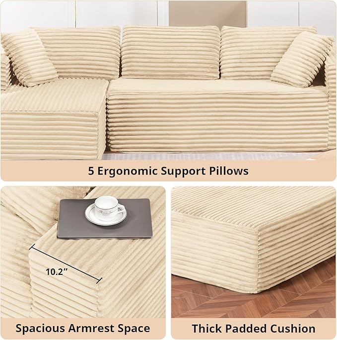 LUCKLIFE Modular Sectional Couch with L-Shape Chaise,Corduroy Upholstery Boneless Couches for Living Room,Oversized Sleeper Sofa,No Assembly Required (Beige, L Shape with Left Facing Chaise)