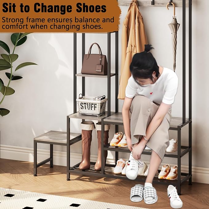 Espelism Hall Tree with Shoe Storage Bench Coat Rack with 7 Hooks Interchangeable 4 Tier Side Storage Shelves Small Cute Side Bench Industrial 5-in-1 Entryway Coat Rack for Hallway Mudroom Bedroom - Image 5