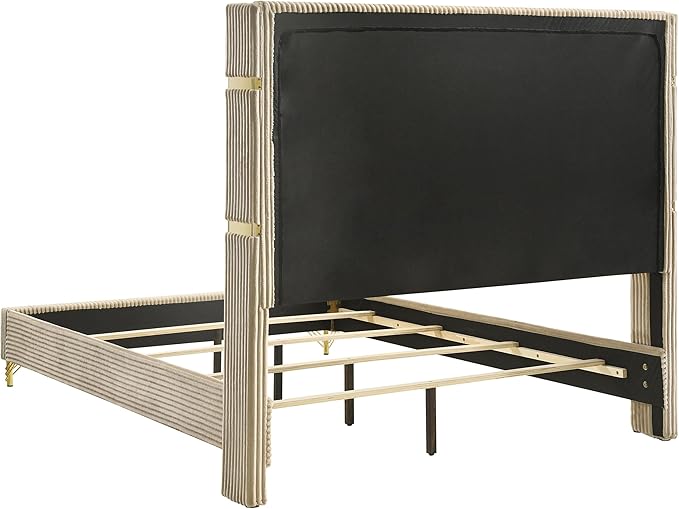 Coaster Home Furnishings Lucia Modern Classic 4-Piece Bedroom Set Velvet Upholstered Eastern King Size Wingback Bed Frame 61-inch Headboard Beige and White 224731KE-S4