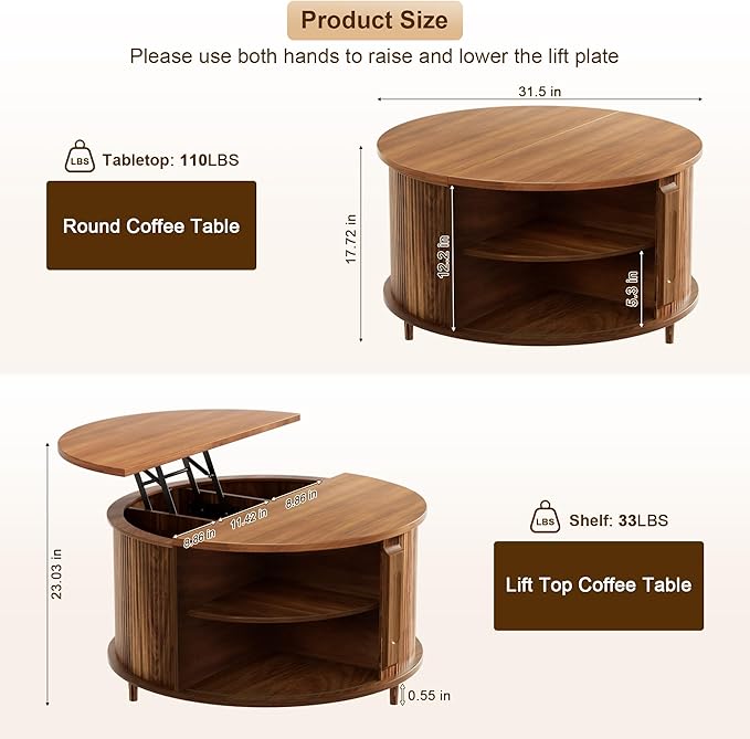 Round Lift Top Coffee Table, 31.5" Fluted Wood Accent Coffee Table with 180° Curved Sliding Door, Hidden Storage, Mid Century Modern Center Table for Living Room Office Small Spaces, Walnut