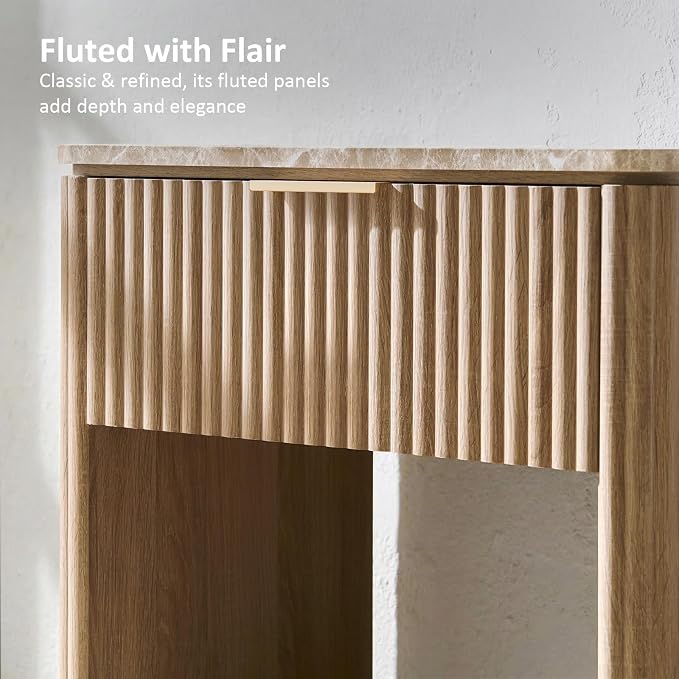Fluted Night Stand, 23" W Nightstand with Drawer, Wood Bed Side Table with Faux Marble-Top, Curved Profile Design, Metal Handle, Modern Bedside Table for Bedroom, Living Room End Table, Natural Oak - Image 4