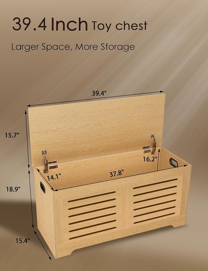 DINZI LVJ Storage Chest, 39.4”Wooden Storage Box with 2 Safety Hinges, Entryway Shoe Bench with Flip-Top, Farmhouse Style Trunk for Living Room, Bedroom, Play Room, Easy Assembly, Natural - Image 3