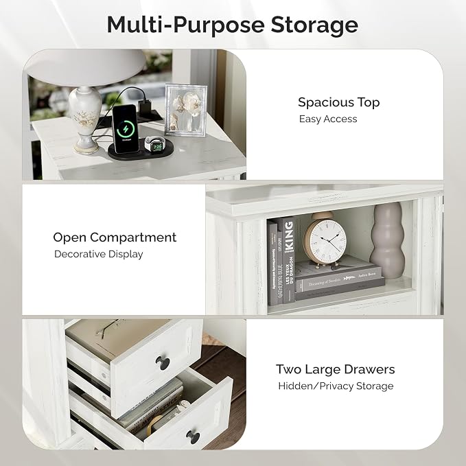VINGLI Night Stand Set 2 White Nightstand with Charging Station, Wood Nightstands for Bedroom, Bedside Table, End Table with Charger Station, 15.74" W*13.78" D*23.62" H - Image 4