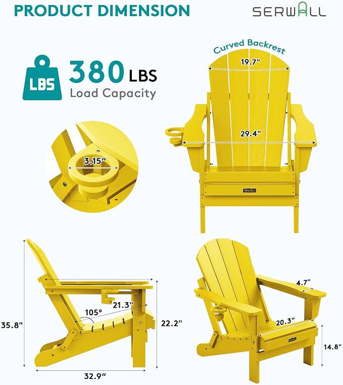 SERWALL Folding Adirondack Chair Outdoor Adirondack Chairs with Cup Holder, Weather Resistant Fire Pit Chairs for Patio - Yellow - Image 2