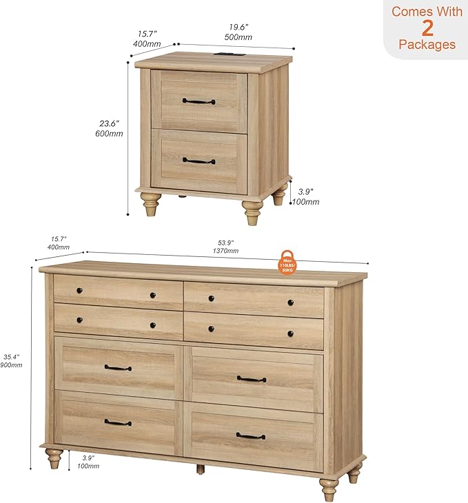 WAMPAT 2 Piece Bedroom Set - Includes 8 Drawer Dresser for Bedroom, Light Wooden Nightstand with Charging Station & Drawers, 2 Piece Dresser and Nightstand Sets, Oak