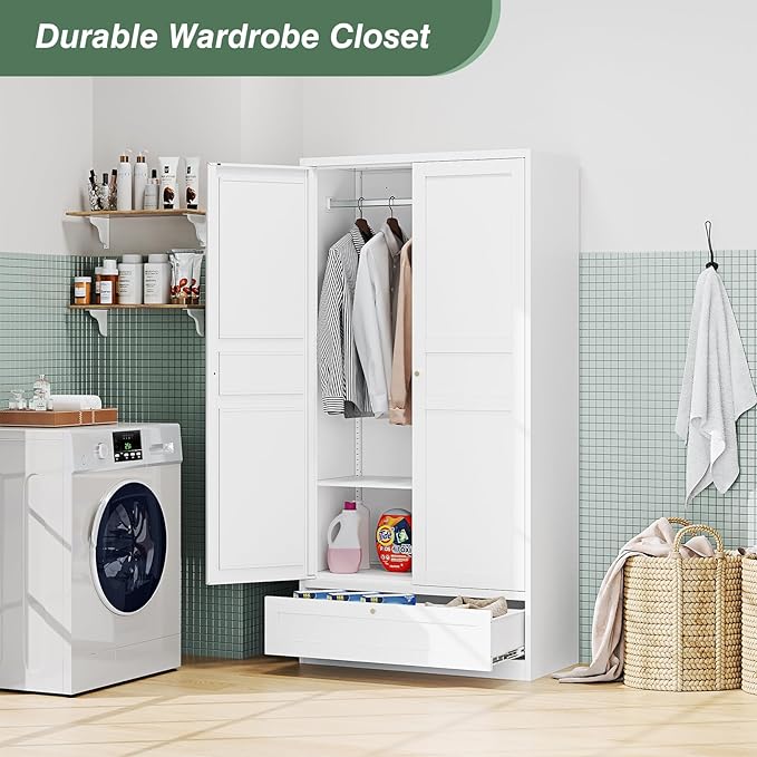 Metal Wardrobe Closet Cabinet,White Armoire Wardrobe Closets Storage Cabinets with Drawer,Metal Storage Cabinet with Doors and Shelves for Laundry Room,Bedroom,Home Office,Bathroom