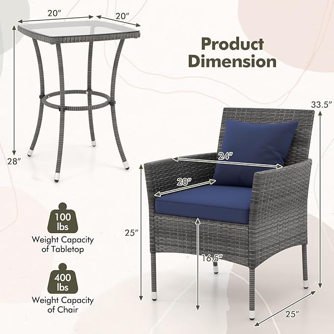 Tangkula 3-Piece Patio Furniture Set, PE Wicker Conversation Bistro Set w/A Tempered Glass Table & 2 Cushioned Chairs, Outdoor Table & Chairs Set for Patio Porch Yard Garden (Mix Gray+Navy)