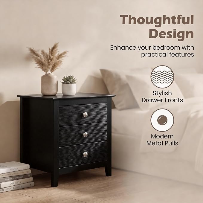 KOMFOTT Modern Farmhouse Nightstand with 3 Drawers Set of 2, Bedside Table with Wood Grain Fronts & Sleek Knobs, Wooden End Table Sofa Side Table for Bedroom Small Spaces (Black,2) - Image 7
