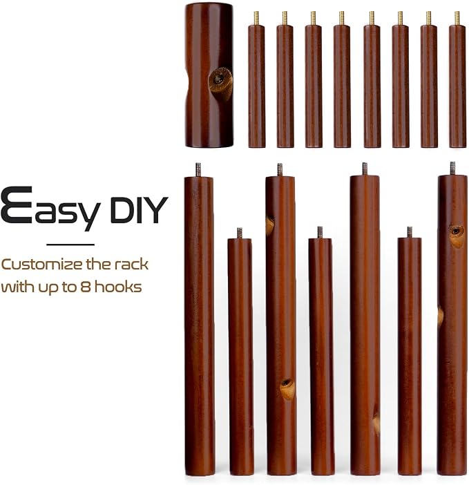 Solid Wooden Coat Rack Freestanding, New Zealand Pine Coat Tree with 8 Hooks & 3 Adjustable Sizes for Coats, Hats, Handbags and Scarves, Space Saving for Entryway/Office/Bedroom (Brown) - Image 5