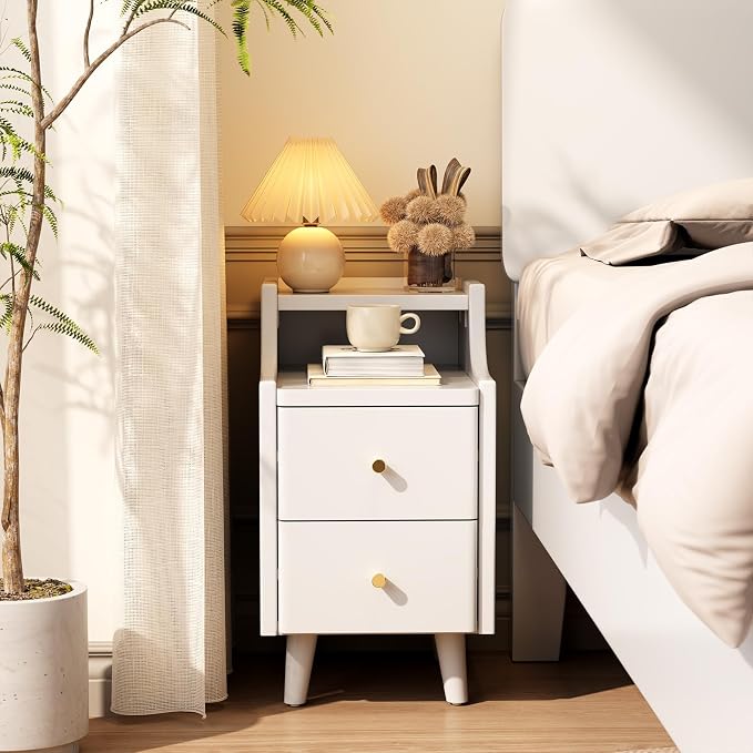 Narrow Nightstand with 2 Drawers,White Nightstand,Bedside Table,Solid Wood Modern Bedside Table for Bedroom,Study,Toilet by AQIMUELE