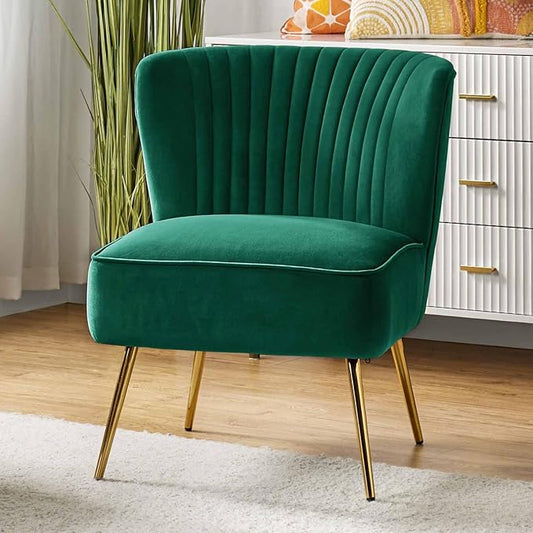 HULALA Home Velvet Accent Chair, Modern Upholstered Cute Side Chair with Gold Metal Legs, Armless Wingback Slipper Chair Comfy Living Room Chair for Bedroom Guest Room Vanity, Green