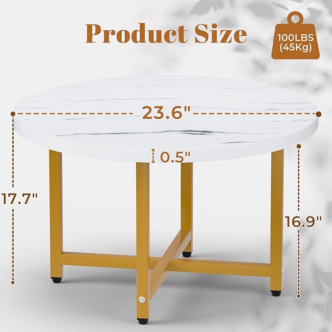 Round Coffee Table, Small Coffee Tables for Living Room, Wood Coffee Table with Metal Frame, Floor Table Desk for Sitting on The Floor, Home, Office, Farmhouse, White & Gold (23.6"D x 17.7"H)