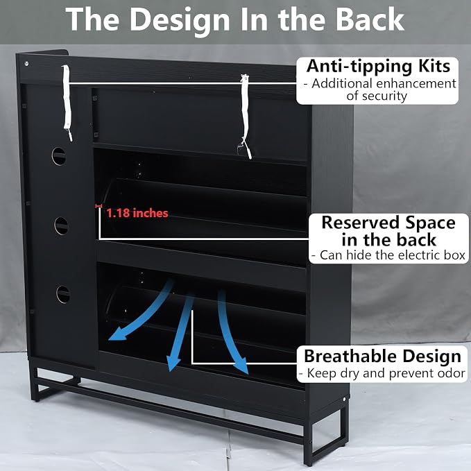 Auromie Free Standing Shoe Organizer with 2 Flip Drawers and Side Cabinet, Entryway Narrow Shoe Storage with Door for Hallway and Living Room (Black Plus) - Image 9