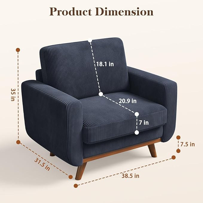 38.5" Dark Blue Corduroy Accent Chair, Comfy Deep Seat Armchair with Spring Cushion, Modern Reading Sofa for Living Room Bedroom