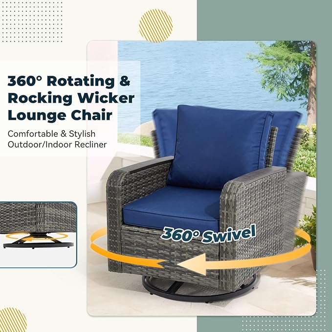 6 Pieces Patio Furniture Sets with Swivel Chairs, Patio Outdoor Furniture Set for Porch Deck Bistro Lawn Garden Backyard Poolsid- Grey Rattan/Blue