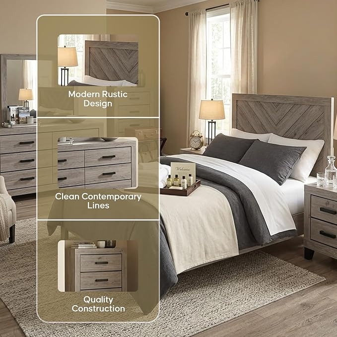 Kings Brand Furniture Napa Farmhouse 6-Piece Bedroom Set - Bed Frame with Headboard, Dresser and Mirror, Chest and 2 Nightstands (Queen)