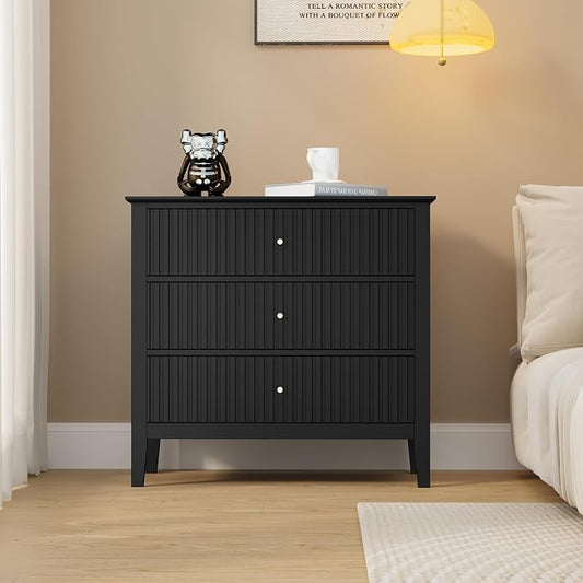 May in Color Large Black Fluted 3 Drawer Dresser, Modern 30 Inch Tall Wood Side Nightstand with Ball Bearing Slides, Wide Accent Furniture with Storage for Living Room, Entryway by MayinColor