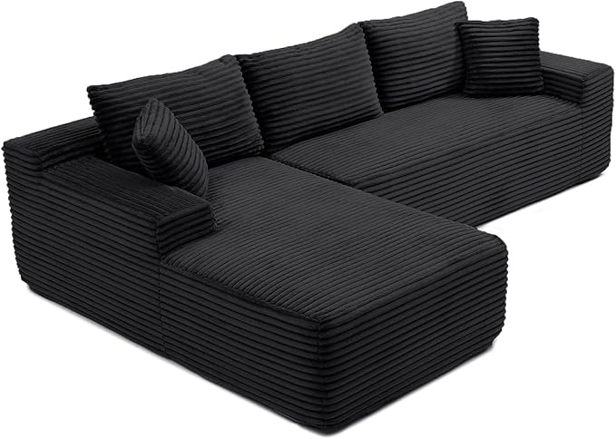 105-Inch L-Shaped Left Facing Corner Compressed Sofa Modular Sectional Boneless Cloud Sofa Floor Foam Couch with Chaise Lounge, Corduroy Corner Boneless Cloud Couch