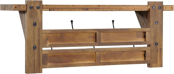 Alaterre Furniture Bethel Wall-Mounted Coat Rack with Shelf – Rustic Farmhouse 40-Inch Solid Wood Entryway Organizer with 5 Black Metal Double Hooks & Upper Storage Shelf (Natural Aged Brown) - Image 11