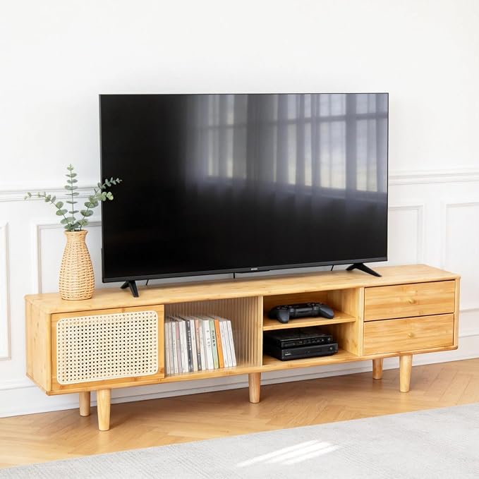 Tiita Rattan TV Stand for 55 60 Inch TV, Bamboo TV Cabinet with 2 Drawers, Boho Entertainment Center with Adjustable Shelf, Mid Century Modern Media Console for Bedroom, Living Room, Study by TiitaHome