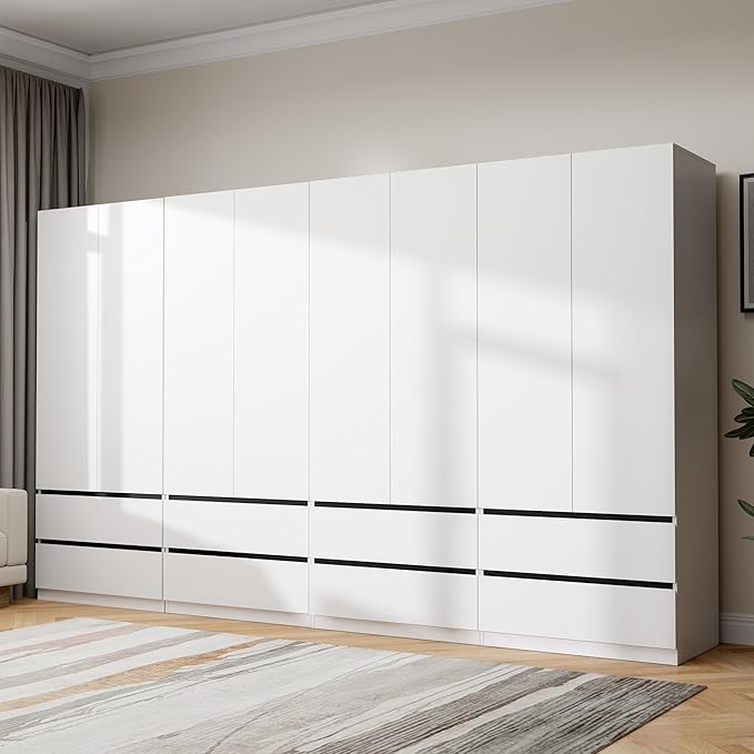 Large Wardrobe Closet with 8 Doors: 75" White Armoire with 8 Drawers, Wooden Wardrobe for Hanging Clothes, Tall Storage Cabinet with Shelves and Hanging Rod (A+A+A+A, 126")