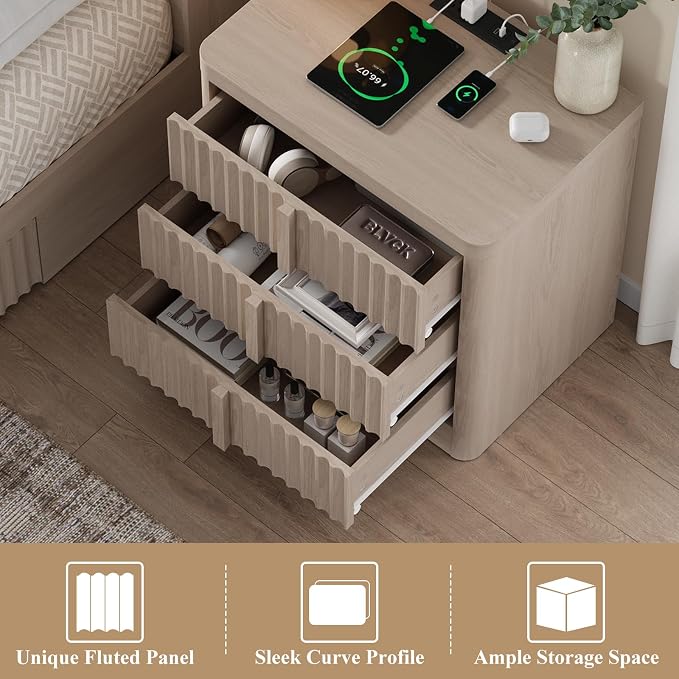 Fluted Nightstand Set of 2 with Charging Station, 23.6" Wood End Table with Solid Wood Handle, Mid Century Moden Bedside Table 3 Drawer Dresser for Bedroom, Living Room, White Alder - Image 5