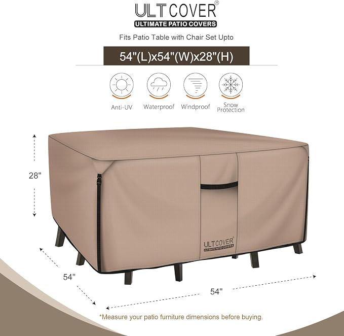 ULTCOVER Square Patio Heavy Duty Table Cover - 600D Tough Canvas Waterproof Outdoor Dining Table and Chairs General Purpose Furniture Cover Size 54 inch - Image 2